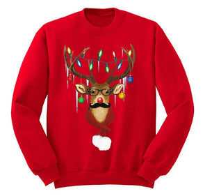 Free Shipping  Reindeer Wearing Sweater Moustache Lights Ugly Christmas Sweater Winter Holiday Santa Gift Men Womens Crewneck Sweatshirt