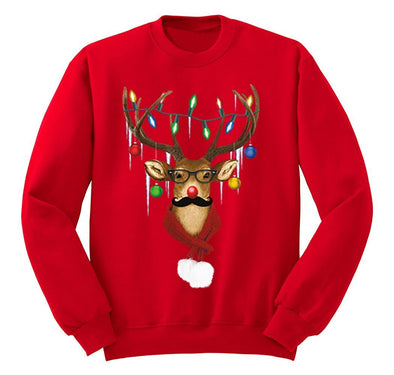 Free Shipping  Reindeer Wearing Sweater Moustache Lights Ugly Christmas Sweater Winter Holiday Santa Gift Men Womens Crewneck Sweatshirt