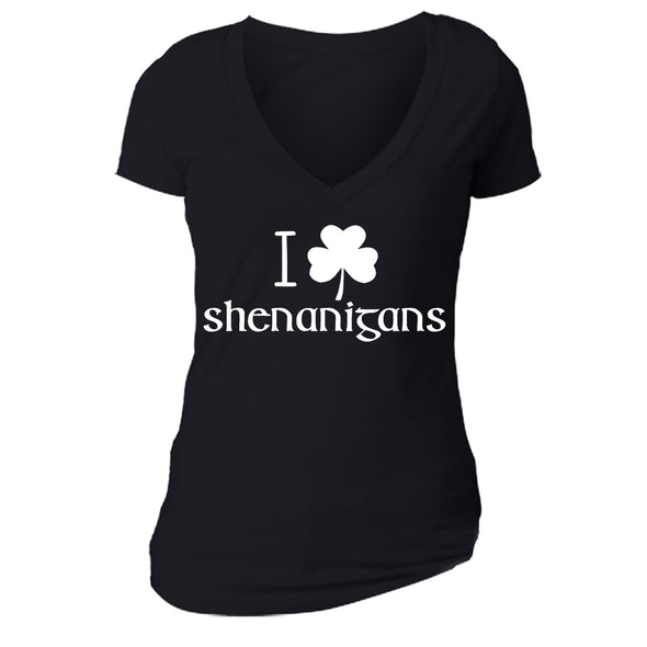 Free Shipping Womens St. Patrick's Day Saint Paddy Drunk shirt I Love Shenanigans Shamrock Clover Irish V-Neck T-Shirt