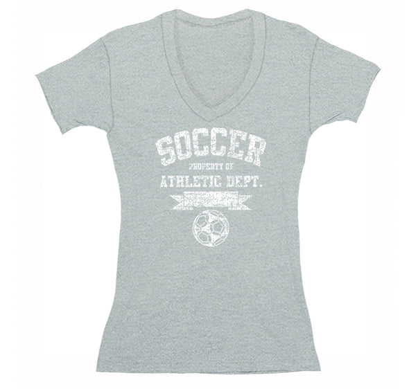 Free Shipping Womens Soccer Property of Athletic Dept. Sports Fan Team Gift Game Day Ball Goal Score Field V-Neck T-Shirt