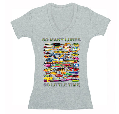 Free Shipping Womens So Many Lures So Little Time Funny Fishing Fisherman Freshwater Saltwater Reel Gift Sport Lake Ocean V-Neck T-Shirt