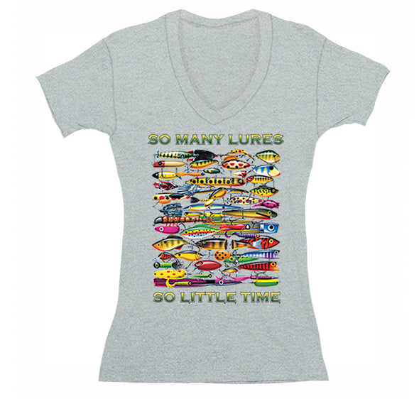 Free Shipping Womens So Many Lures So Little Time Funny Fishing Fisherman Freshwater Saltwater Reel Gift Sport Lake Ocean V-Neck T-Shirt