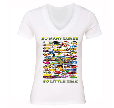 Free Shipping Womens So Many Lures So Little Time Funny Fishing Fisherman Freshwater Saltwater Reel Gift Sport Lake Ocean V-Neck T-Shirt