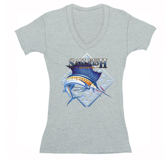 Free Shipping Womens Sailfish Swordfish Sport Fishing Saltwater Fish Fisherman Reel Boat Lure Catch Bait Ocean Gift Vacation V-Neck T-Shirt