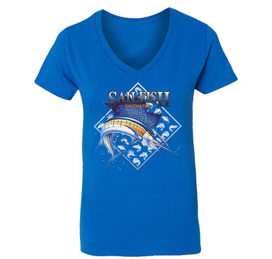 Free Shipping Womens Sailfish Swordfish Sport Fishing Saltwater Fish Fisherman Reel Boat Lure Catch Bait Ocean Gift Vacation V-Neck T-Shirt