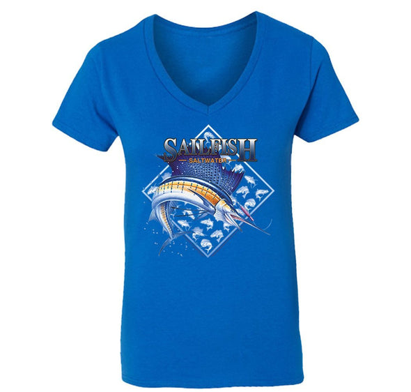 Free Shipping Womens Sailfish Swordfish Sport Fishing Saltwater Fish Fisherman Reel Boat Lure Catch Bait Ocean Gift Vacation V-Neck T-Shirt