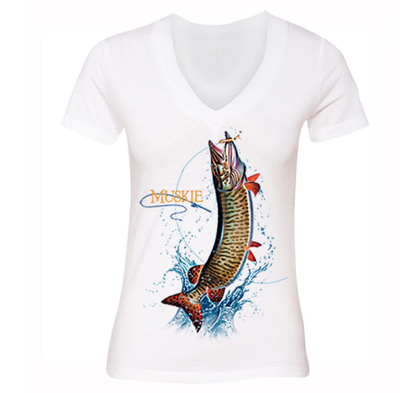 Free Shipping Womens Muskie Fish Freshwater Sport Fisherman Fishing MuskellungeMusky  Lure Reel Lake Vacation Gift V-Neck T-Shirt