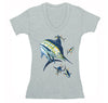 Free Shipping Womens Marlin with Tuna Swordfish Saltwater Fish Fishing Fisherman Lure Ocean Reel Vacation Gift V-Neck T-Shirt