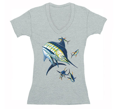 Free Shipping Womens Marlin with Tuna Swordfish Saltwater Fish Fishing Fisherman Lure Ocean Reel Vacation Gift V-Neck T-Shirt