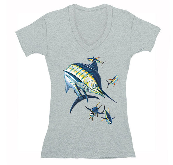 Free Shipping Womens Marlin with Tuna Swordfish Saltwater Fish Fishing Fisherman Lure Ocean Reel Vacation Gift V-Neck T-Shirt