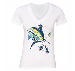 Free Shipping Womens Marlin with Tuna Swordfish Saltwater Fish Fishing Fisherman Lure Ocean Reel Vacation Gift V-Neck T-Shirt