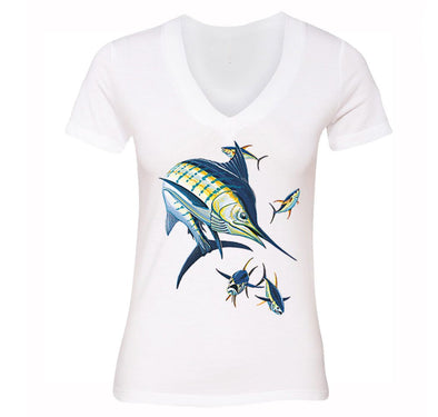 Free Shipping Womens Marlin with Tuna Swordfish Saltwater Fish Fishing Fisherman Lure Ocean Reel Vacation Gift V-Neck T-Shirt