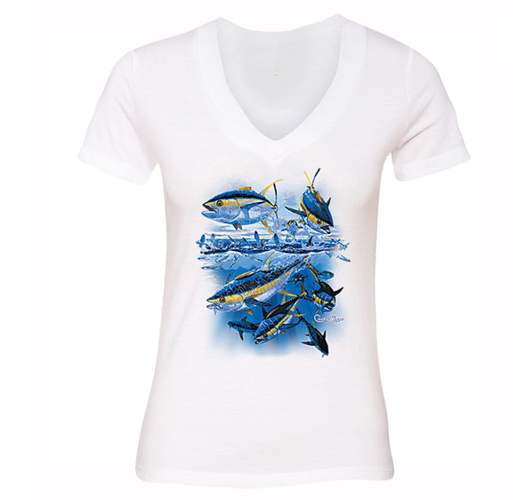 Free Shipping Womens Yellowfin Tuna Feeding Saltwater Fish Fishing Fisherman Lure Ocean Reel Vacation Gift V-Neck T-Shirt