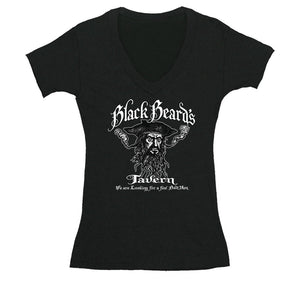 Free Shipping Womens Black Beard's Tavern Pirate Skull Crossbones Jolly Roger Treasure Gold Shipwreck Gaspar V-Neck T-Shirt