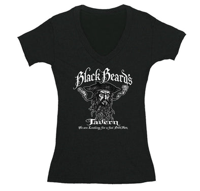 Free Shipping Womens Black Beard's Tavern Pirate Skull Crossbones Jolly Roger Treasure Gold Shipwreck Gaspar V-Neck T-Shirt