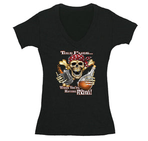 Free Shipping Womens Time Flies When You're Having Rum Pirate Skull Crossbones Jolly Roger Treasure Gold Shipwreck Gaspar V-Neck T-Shirt