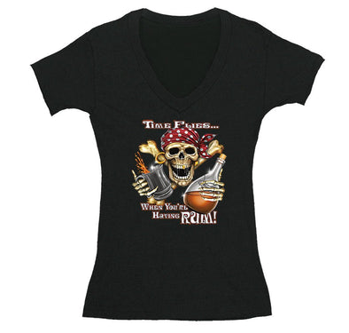 Free Shipping Womens Time Flies When You're Having Rum Pirate Skull Crossbones Jolly Roger Treasure Gold Shipwreck Gaspar V-Neck T-Shirt