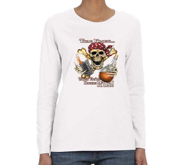 Free Shipping Womens Time Flies When You're Having Rum Pirate Skull Crossbones Jolly Roger Treasure Shipwreck Gaspar Long Sleeve T-Shirt