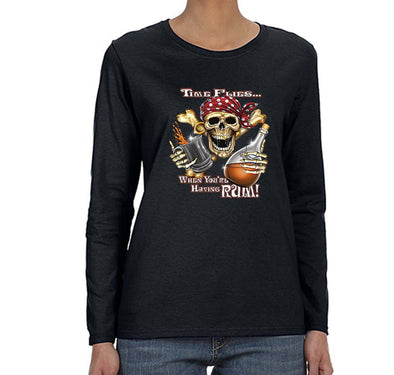 Free Shipping Womens Time Flies When You're Having Rum Pirate Skull Crossbones Jolly Roger Treasure Shipwreck Gaspar Long Sleeve T-Shirt
