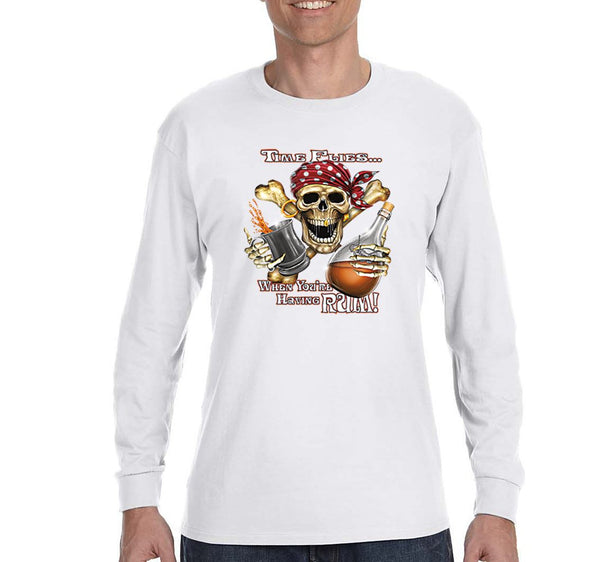 Free Shipping Mens Time Flies When You're Having Rum Pirate Skull Crossbones Jolly Roger Treasure Gold Shipwreck Gaspar Long Sleeve T-Shirt