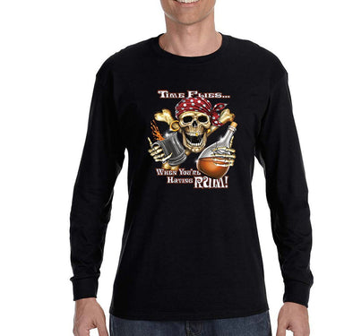 Free Shipping Mens Time Flies When You're Having Rum Pirate Skull Crossbones Jolly Roger Treasure Gold Shipwreck Gaspar Long Sleeve T-Shirt