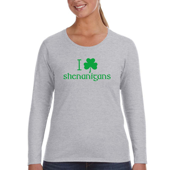 Free Shipping Womens St. Patrick's Day Saint Paddy Drunk shirt I Love Shenanigans Shamrock Clover Irish Longsleeve T-Shirt