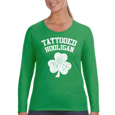 Free Shipping Womens St. Patrick's Day Saint Paddy Drunk Lucky Charm Shamrock Tattooed Hooligan Clover Irish Womens Longsleeve T-Shirt