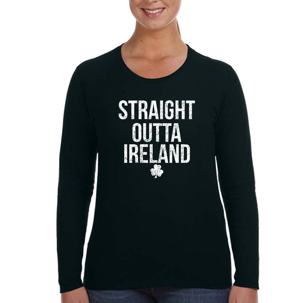 Free Shipping Women's St. Patrick's Day Saint Paddy Drunk shirt Straight Outta Ireland Shamrock Clover Irish Womens Longsleeve T-Shirt