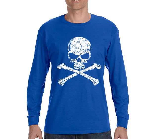 Free Shipping Mens Distressed White Skull and Crossbones Pirate Jolly Roger Ship Treasure Gold Gaspar Gift Long Sleeve T-Shirt