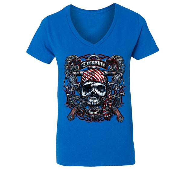 Free Shipping Womens Treasure Hunt Skull and Crossbones Pirate Jolly Roger Ship Guns Gold Gift Gaspar V-Neck T-Shirt
