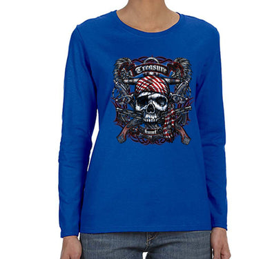 Free Shipping Womens Treasure Hunt Skull and Crossbones Pirate Jolly Roger Ship Guns Gold Gaspar Gift Long Sleeve T-Shirt
