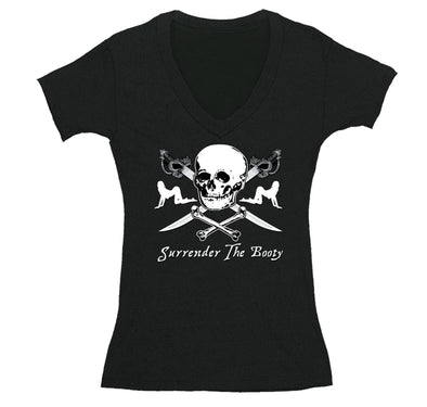 Free Shipping Womens Surrender The Booty Pinup Girl  Pirate Skull Crossbones Swords Jolly Roger Ship Treasure Gaspar Gift V-Neck T-Shirt