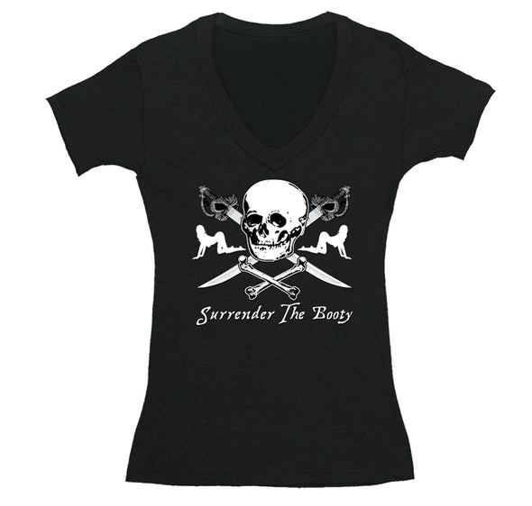 Free Shipping Womens Surrender The Booty Pinup Girl  Pirate Skull Crossbones Swords Jolly Roger Ship Treasure Gaspar Gift V-Neck T-Shirt