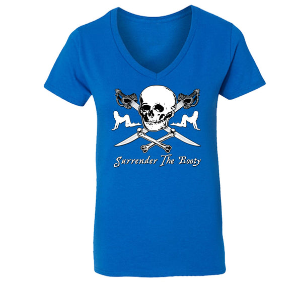 Free Shipping Womens Surrender The Booty Pinup Girl  Pirate Skull Crossbones Swords Jolly Roger Ship Treasure Gaspar Gift V-Neck T-Shirt