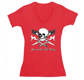 Free Shipping Womens Surrender The Booty Pinup Girl  Pirate Skull Crossbones Swords Jolly Roger Ship Treasure Gaspar Gift V-Neck T-Shirt