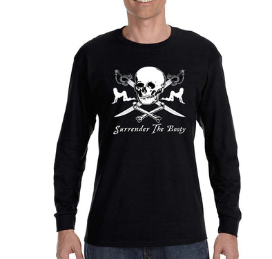 Free Shipping Mens Surrender The Booty Pinup Girl  Pirate Skull Crossbones Swords Jolly Roger Ship Treasure Gaspar Gift Long Sleeve T-Shirt