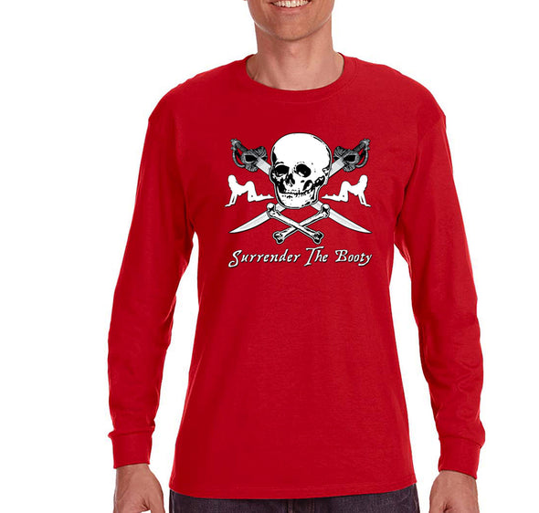 Free Shipping Mens Surrender The Booty Pinup Girl  Pirate Skull Crossbones Swords Jolly Roger Ship Treasure Gaspar Gift Long Sleeve T-Shirt