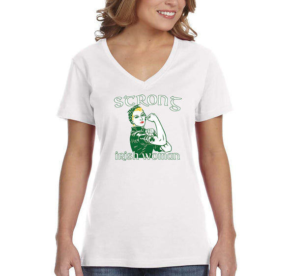 Free Shipping Women's Strong Irish Woman St. Patrick's Day Pinup Girl Tattoo Shamrock Clover Beer Party Rosie Riveter V-Neck T-Shirt