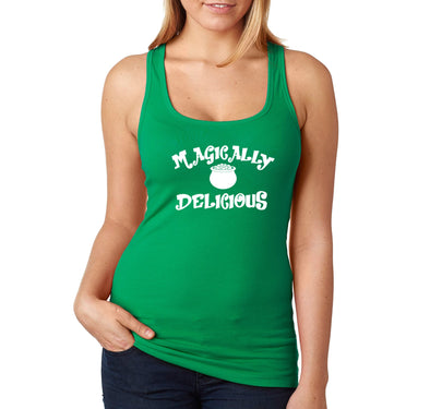Free Shipping Women's Magically Delicious St. Patrick's Leprechaun Lucky Charms Funny Party Irish Shamrock Clover Pot Gold Racer-Back Tank-Top