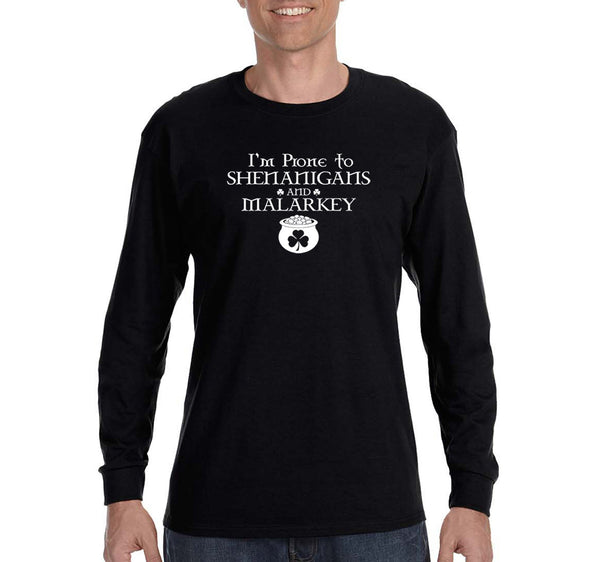 Free Shipping Mens Prone to Shenanigans and Malarkey St. Patrick's Clover Leprechaun Beer Irish Funny Party Drinking Long Sleeve T-Shirt