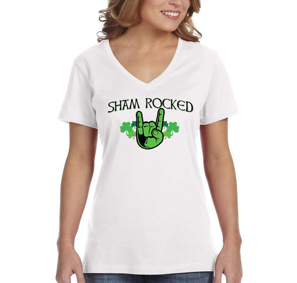 Free Shipping Women's Sham Rocked Shamrock Devil Hands Horns Beer Whiskey Party Clover Shenanigans Irish St. Patrick's Day V-Neck T-Shirt
