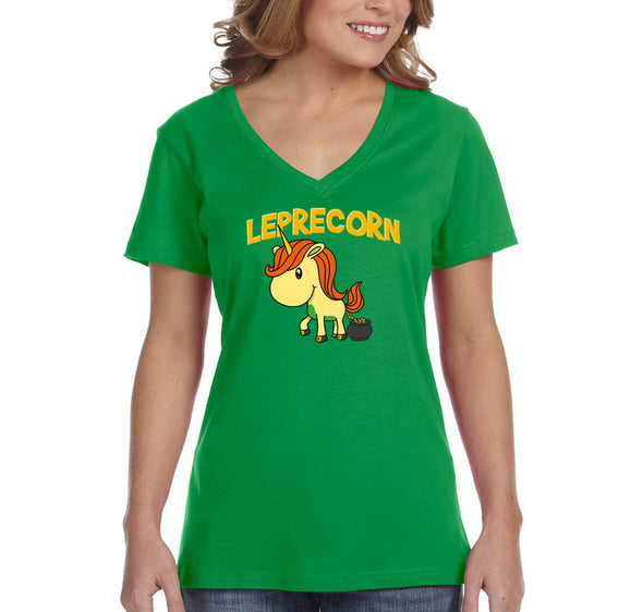 Free Shipping Womens Leprecorn Unicorn Leprechaun St. Patrick's Day Clover Shamrock Shenanigans Pot Gold Irish Shamrock Irish Short Sleeve V-Neck T-Shirt