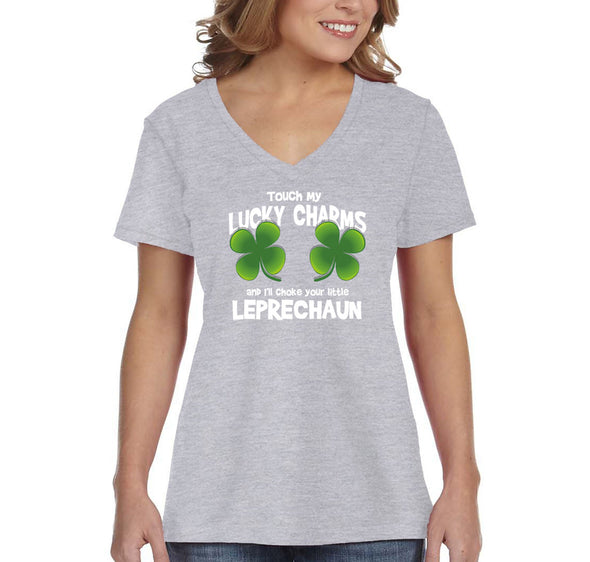 Free Shipping Women's Touch My Lucky Charms Choke Leprechauns Funny Shenanigans Clover Shamrock Irish Beer St. Patrick's Day V-Neck T-Shirt