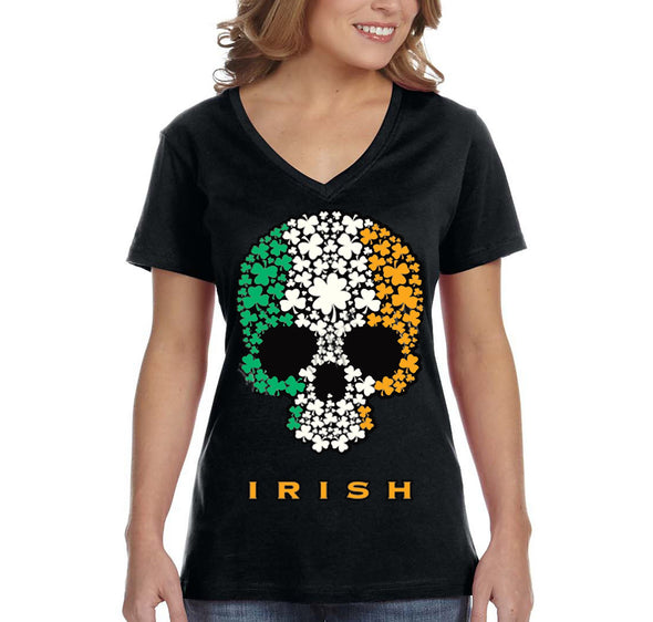 Free Shipping Women's Irish Shamrock Skull Flag St. Patrick's Day Drinking Beer Shamrock Funny Party Shenanigans Short Sleeve V-Neck T-Shirt