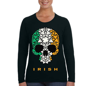 Free Shipping Women's Irish Shamrock Skull Flag St Patrick's Day Drinking Beer Shamrock Funny Party Shenanigans Long Sleeve T-Shirt