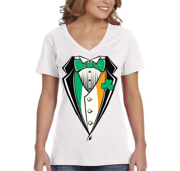 Free Shipping Women's Irish Tuxedo Leprechaun Funny Beer Clover Shamrock Whiskey Party Funny Shenanigans St. Patrick's Day V-Neck T-Shirt