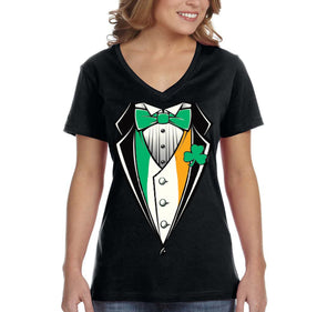 Free Shipping Women's Irish Tuxedo Leprechaun Funny Beer Clover Shamrock Whiskey Party Funny Shenanigans St. Patrick's Day Short Sleeve V-Neck T-Shirt