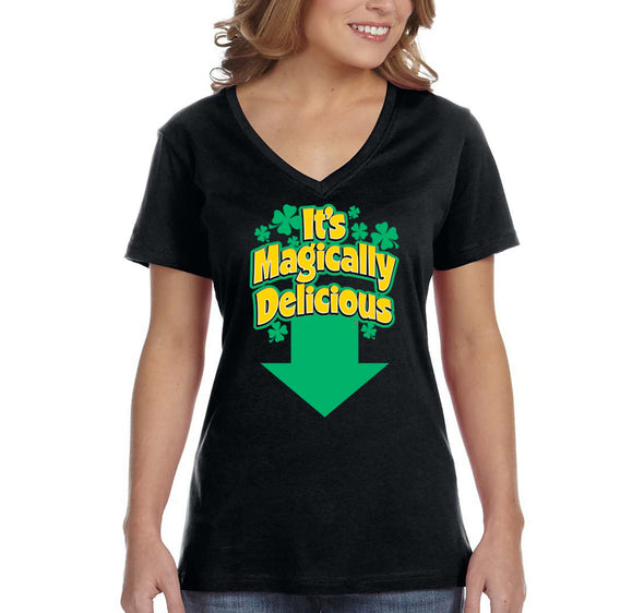 Free Shipping Women's Magicially Delicious St. Patrick's Day Leprechaun Lucky Charms Party Irish Shamrock Clover Pot Gold V-Neck T-Shirt