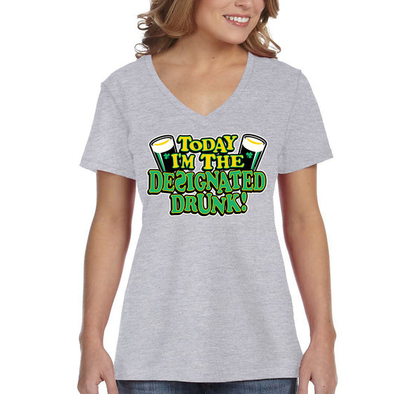 Free Shipping Women's Designated Drunk Irish Funny Whiskey Beer St. Patrick's Day V-Neck T-Shirt