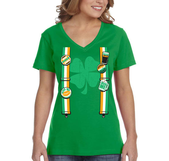 Free Shipping Women's Irish Suspenders St. Patrick's Day Funny Leprechaun Beer Party Clover Shamrock Whiskey V-Neck T-Shirt